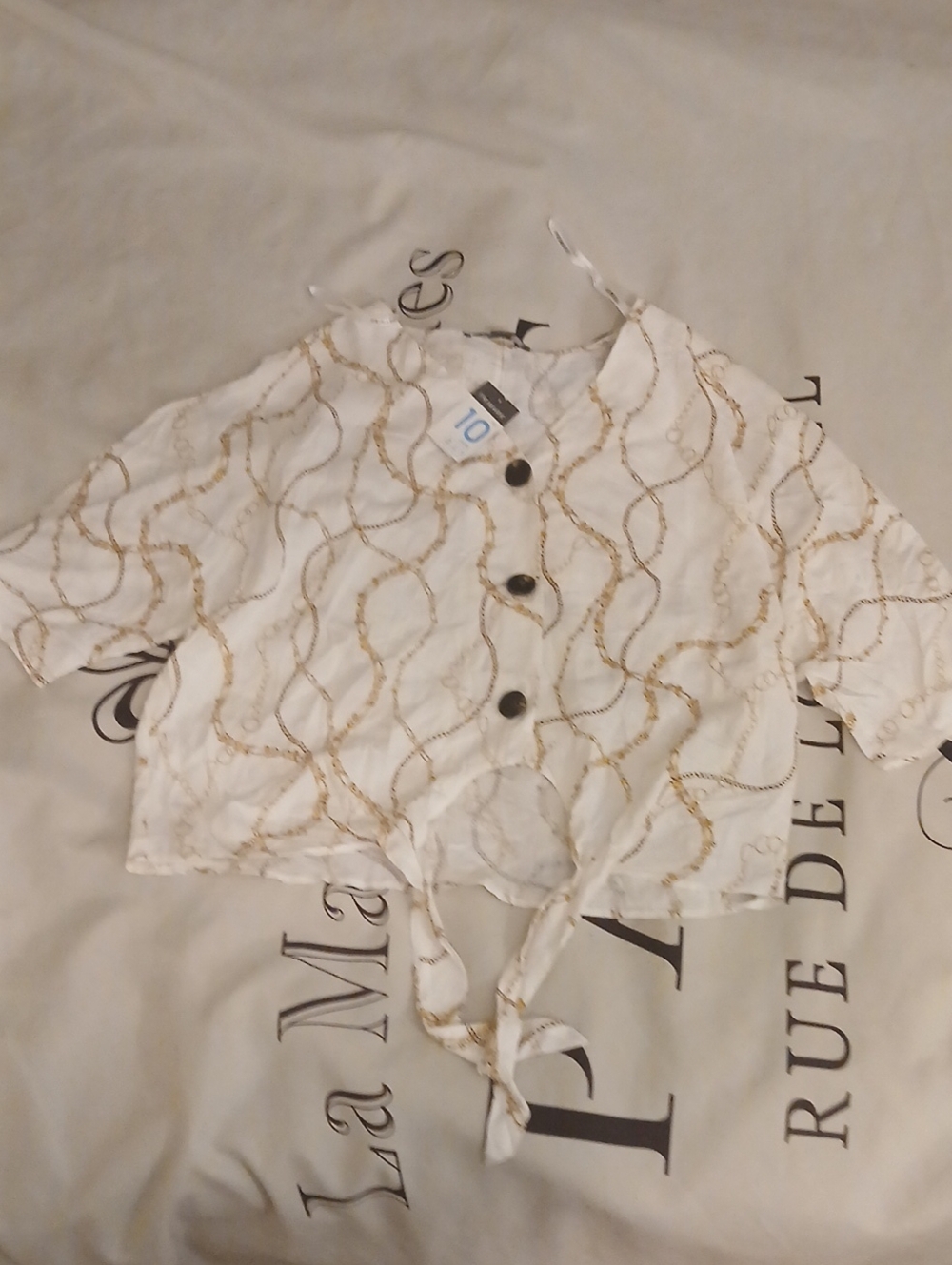 Primark White Button Tie-Front Blouse with Gold Chain Print
